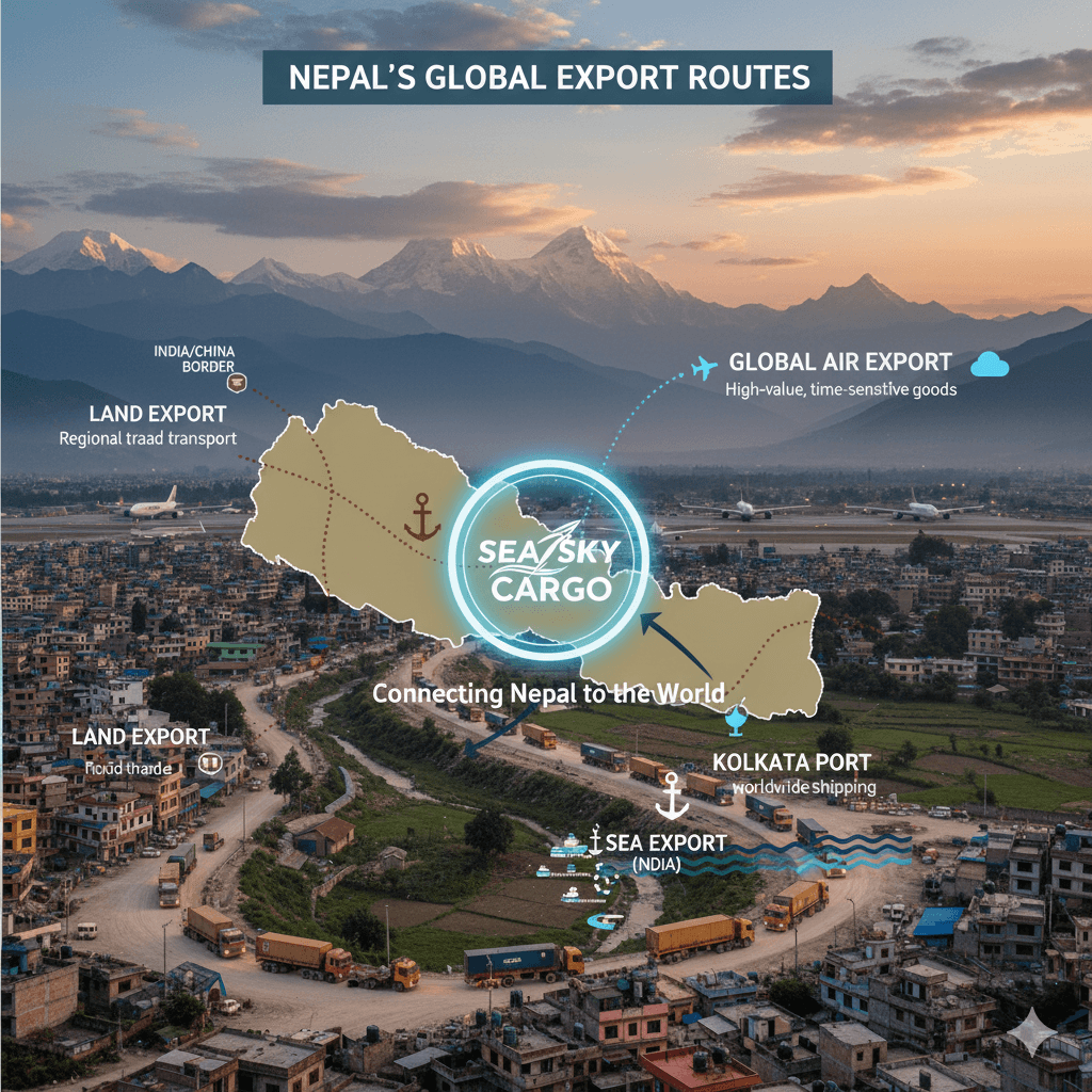 Map of Nepal with export logistics routes for air, sea, and land including Sea Sky Cargo service areas.