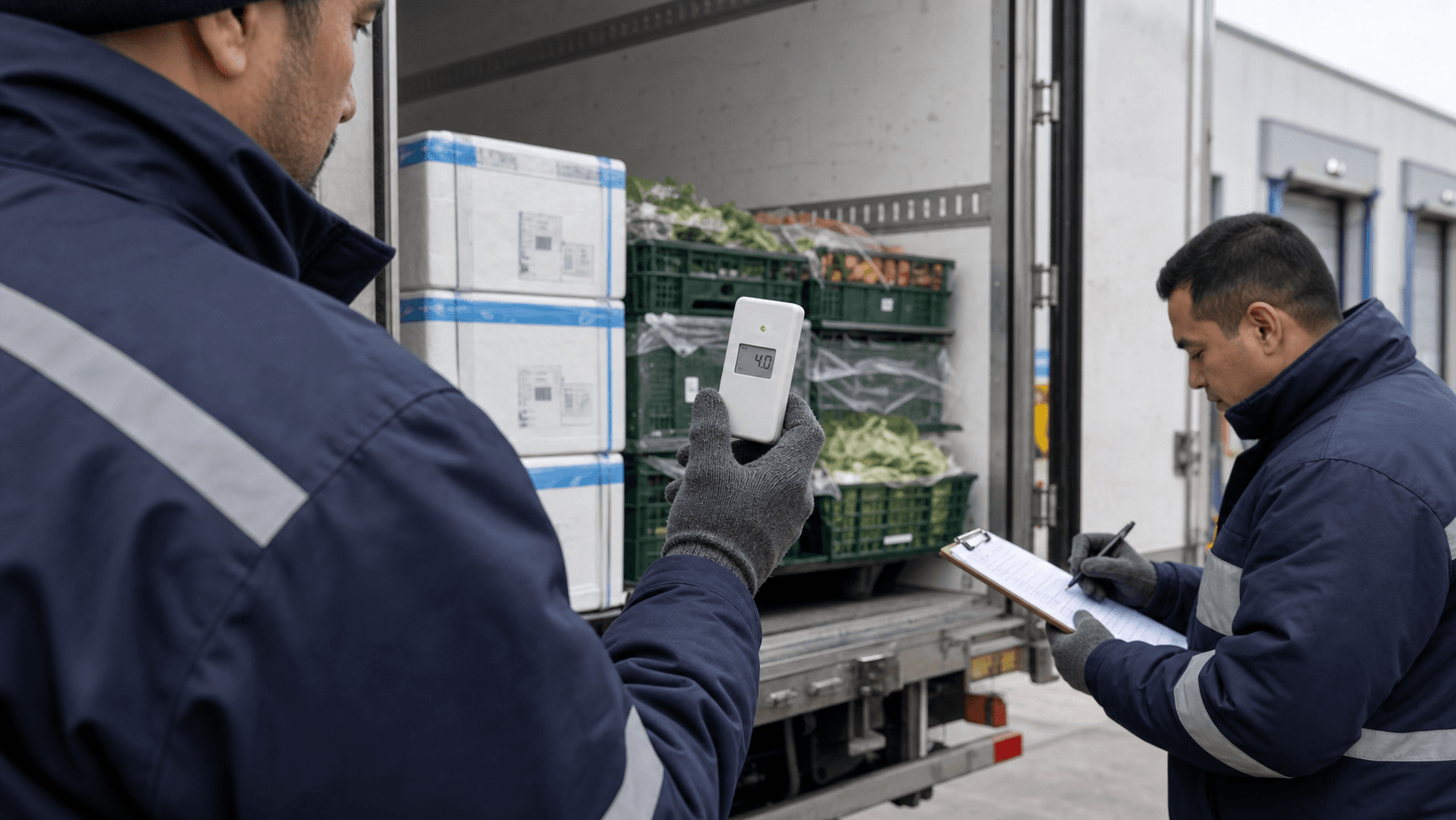 Temperature data logger showing a stable cold-chain reading during cargo handover