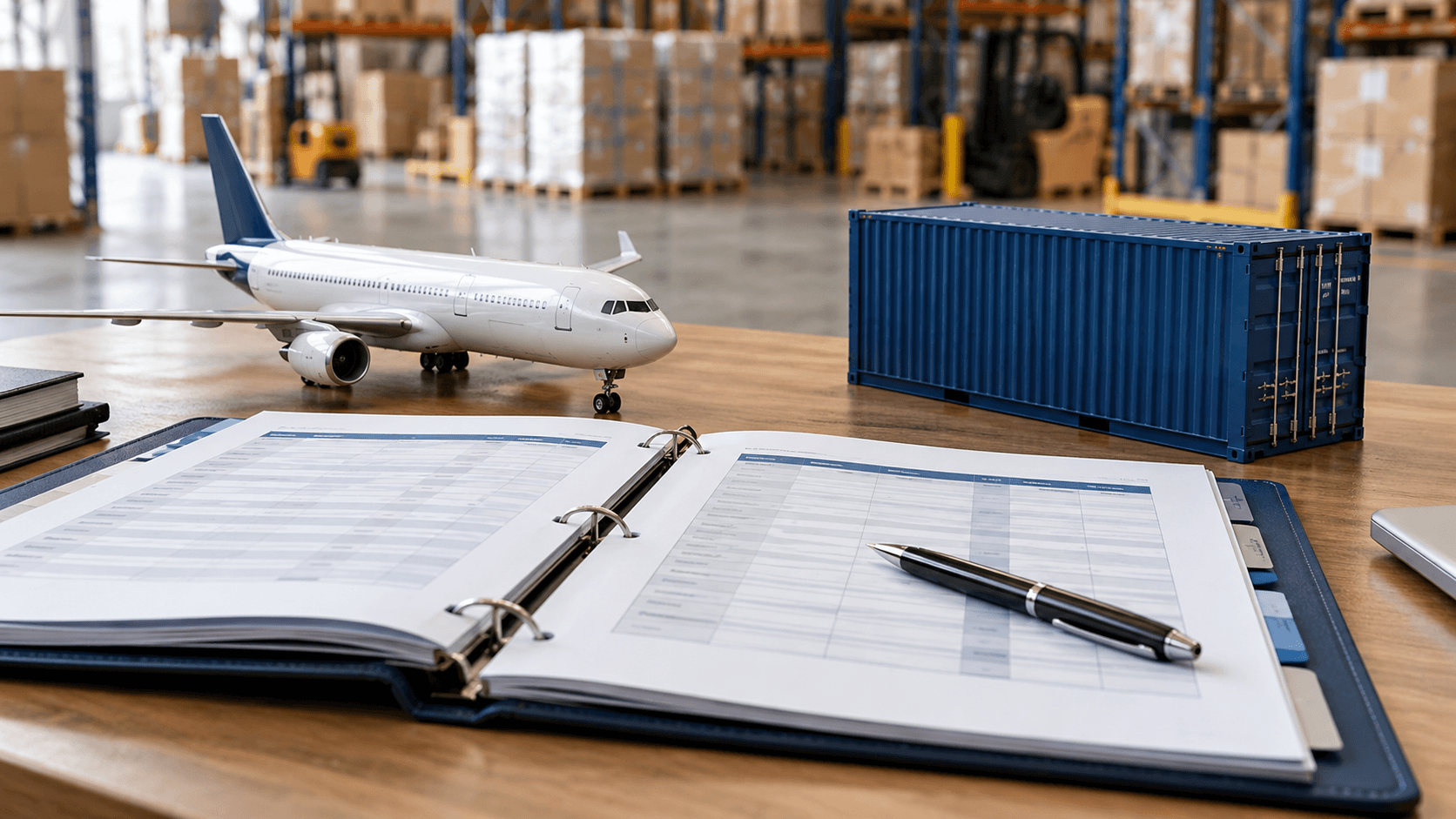 Freight reference folder, model container and transport documents arranged for learning quotation terms