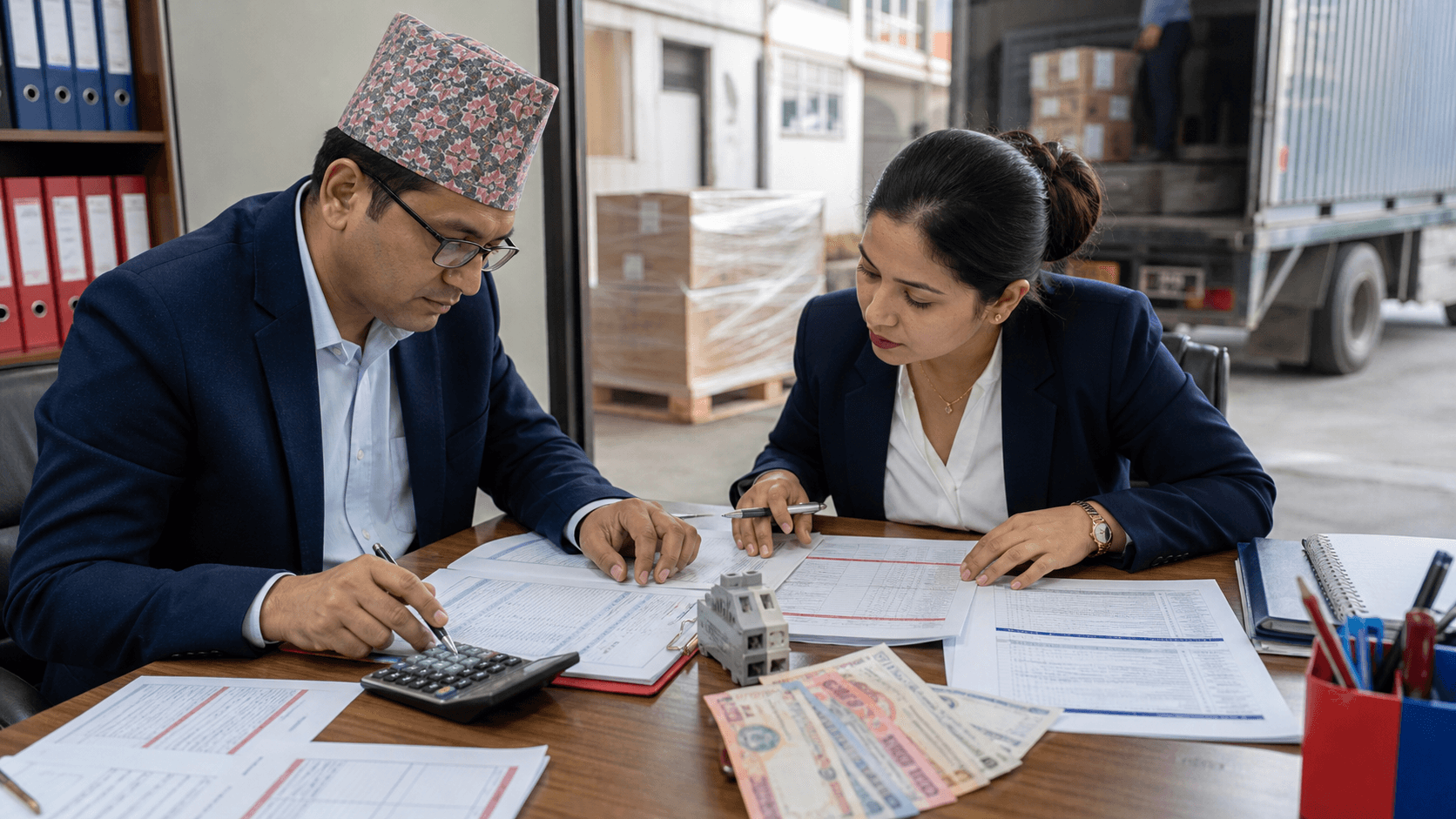 Nepal finance and logistics team calculating the landed cost of a US commercial order
