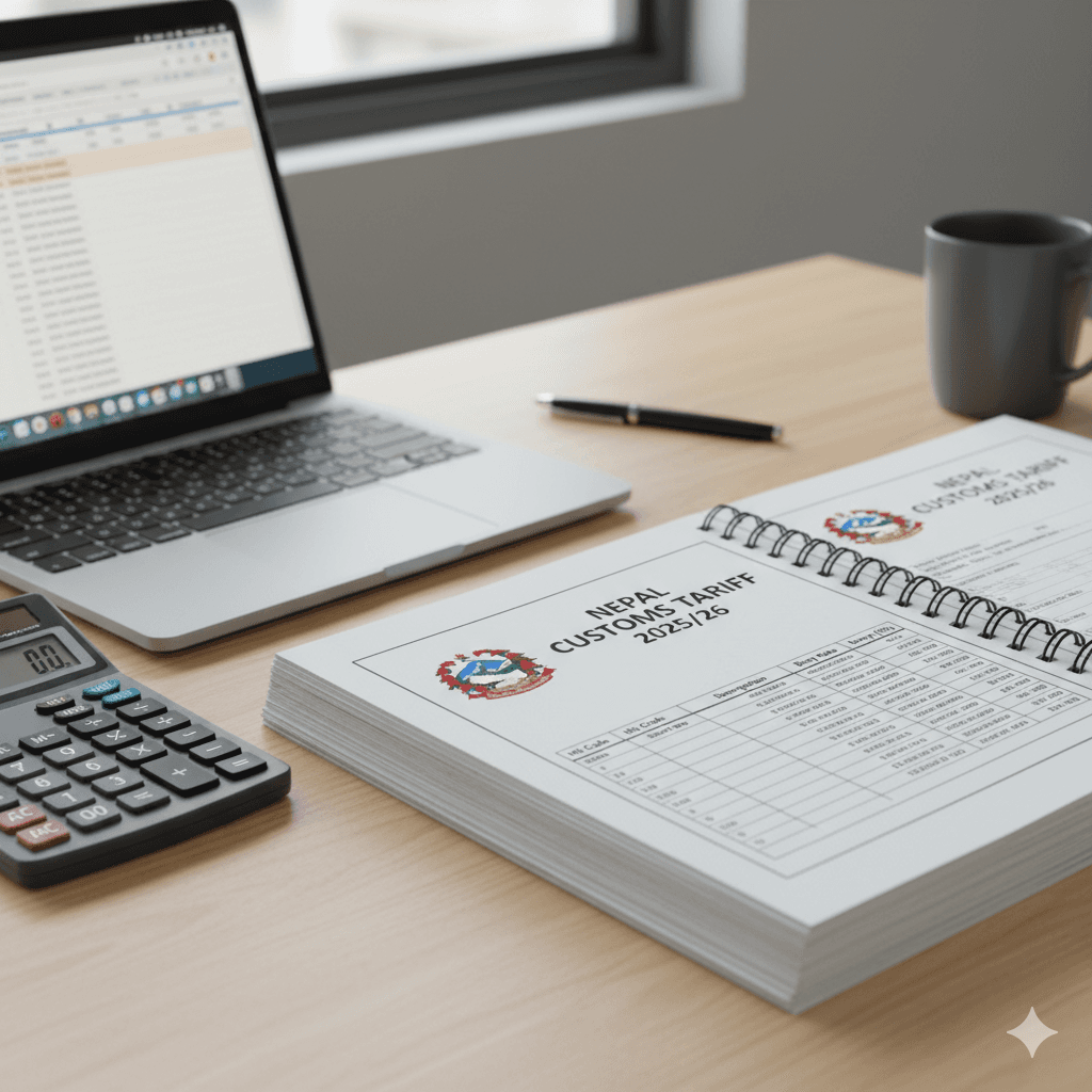 Nepal Customs Tariff 2025/26 book used for checking duty rates.