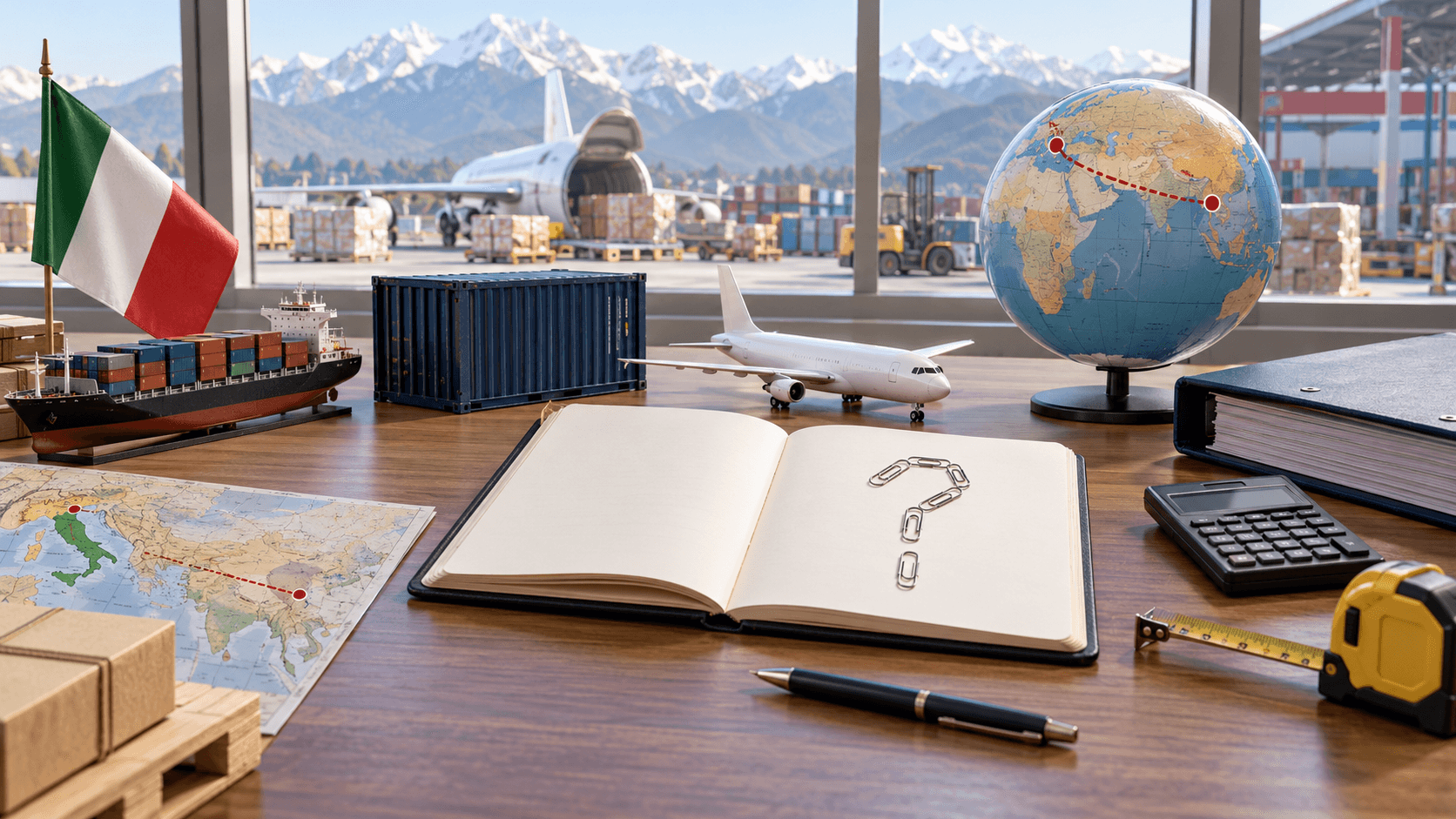 Italy Nepal freight reference materials with aircraft container documents and route planning
