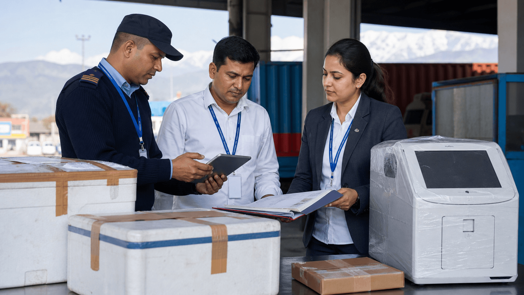 Nepal customs and medical-product specialists reviewing a healthcare import file beside sealed cargo