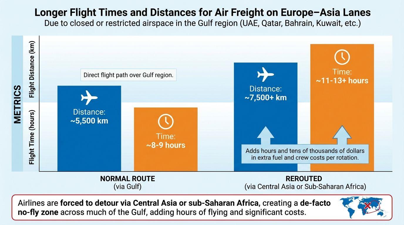 Longer flight times on rerouted air freight lanes when Dubai is closed.