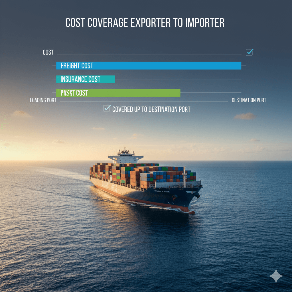 International sea freight under CIF term showing seller responsibility until destination port.