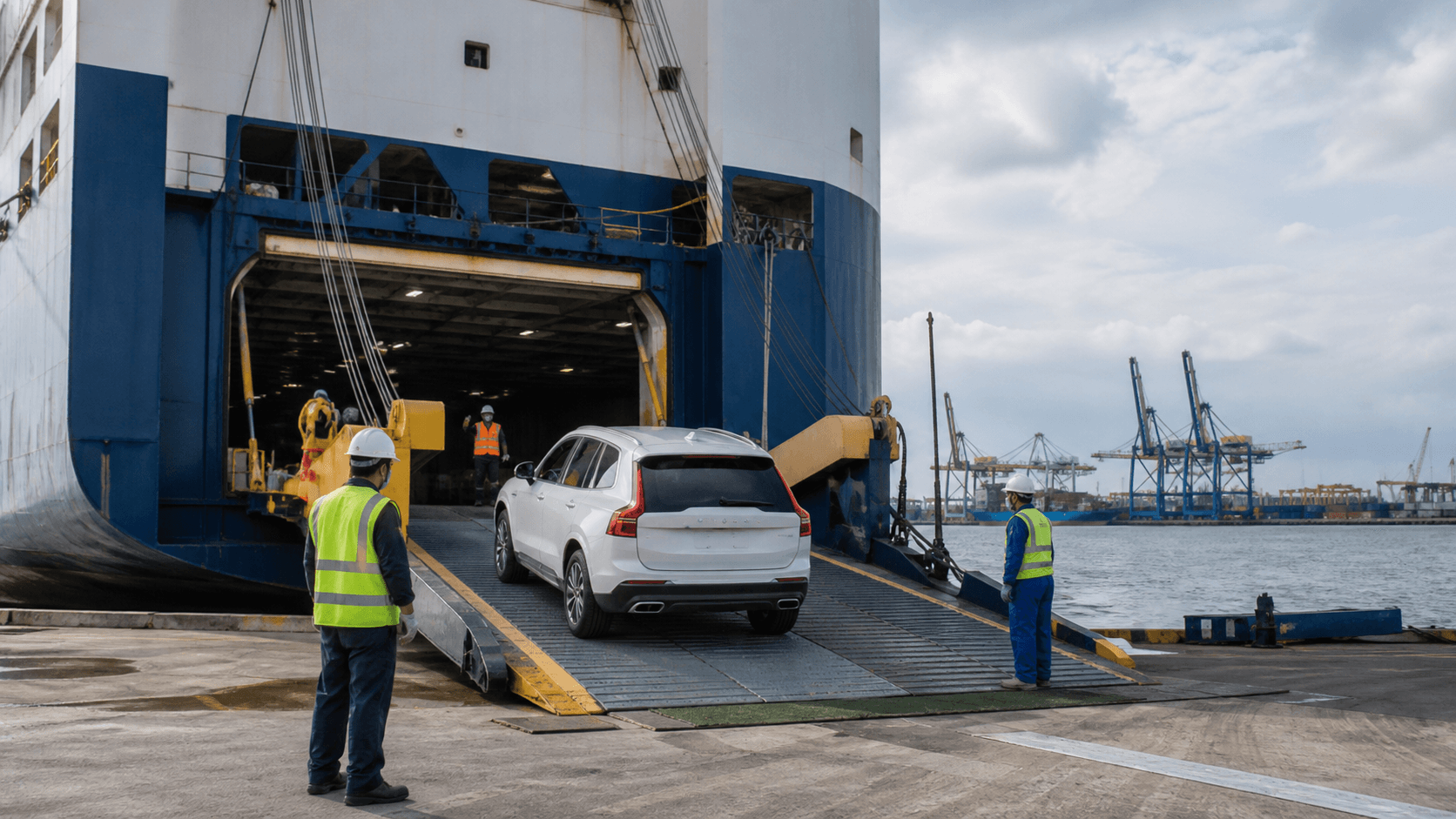 SUV being driven onto the stern ramp of a roll-on roll-off cargo vessel
