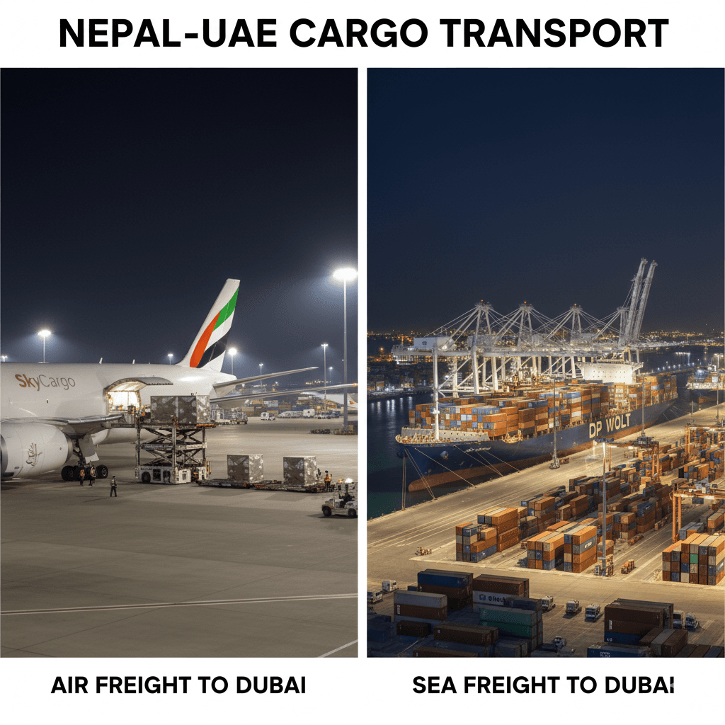 Air and sea shipping options for cargo moving from Nepal to the UAE.