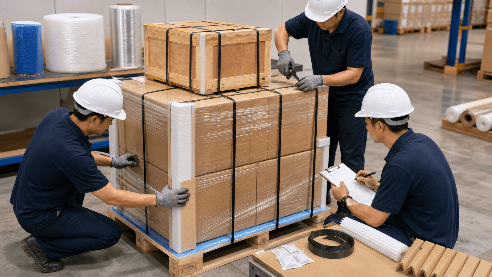 Warehouse crew protecting and palletising cartons for repeated LCL cargo handling