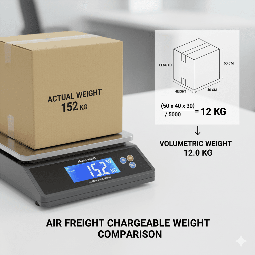 Comparison of actual and volumetric weight for an air freight carton.