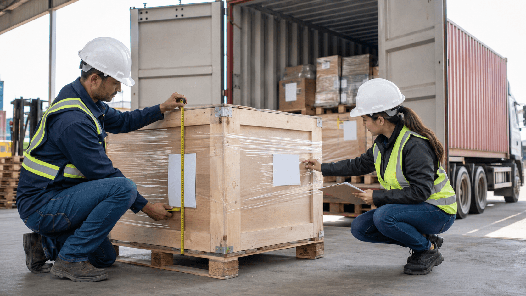 Freight team checking crate dimensions labels and packing before sea cargo dispatch