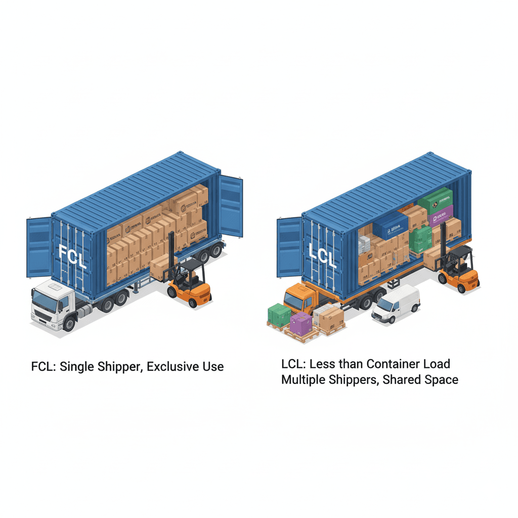 Comparison of full and shared container shipping methods (FCL vs. LCL).