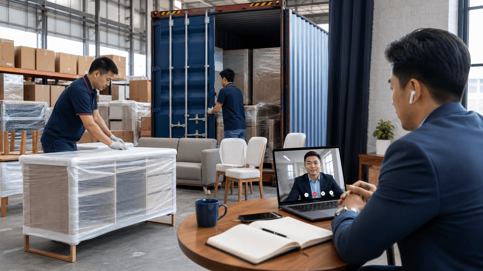 Furniture from a China warehouse being packed into a container for delivery to Nepal