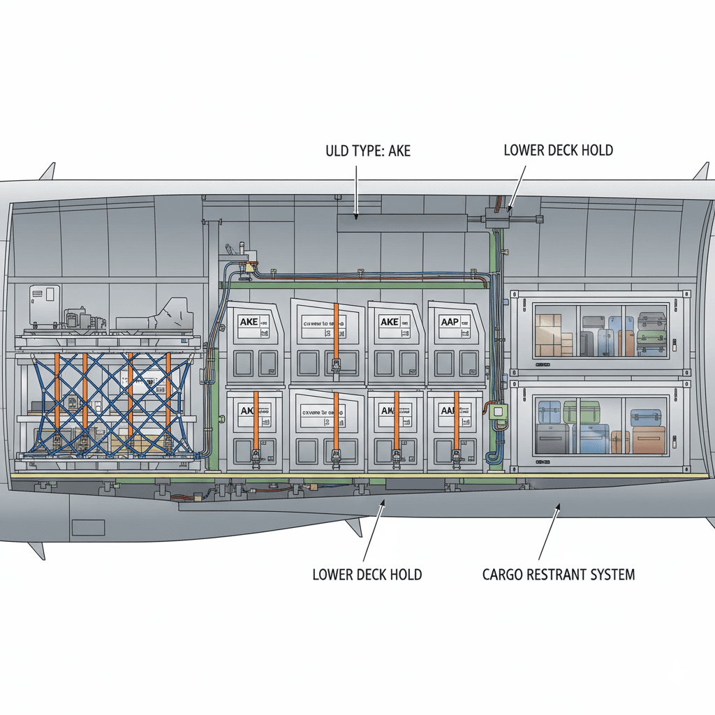 Diagram of air freight pallets and containers loaded in the lower deck of a cargo aircraft.