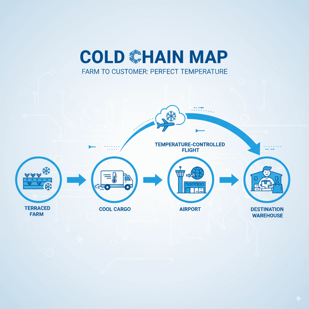 Flow diagram showing each cold chain logistics step from Nepalese producer to global buyer.