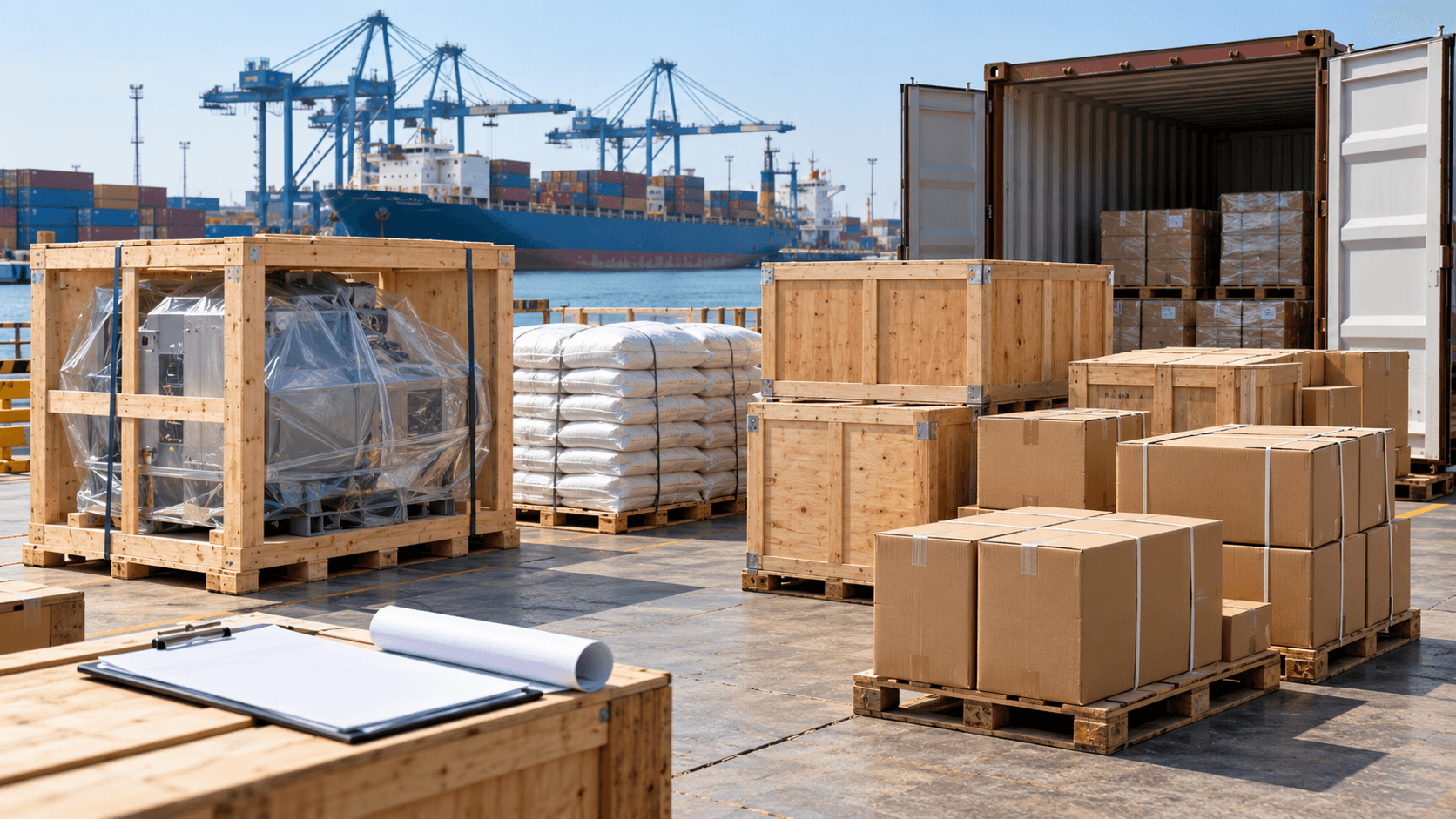 Industrial machinery crates, furniture crates, raw-material bags and commercial cartons at an export terminal