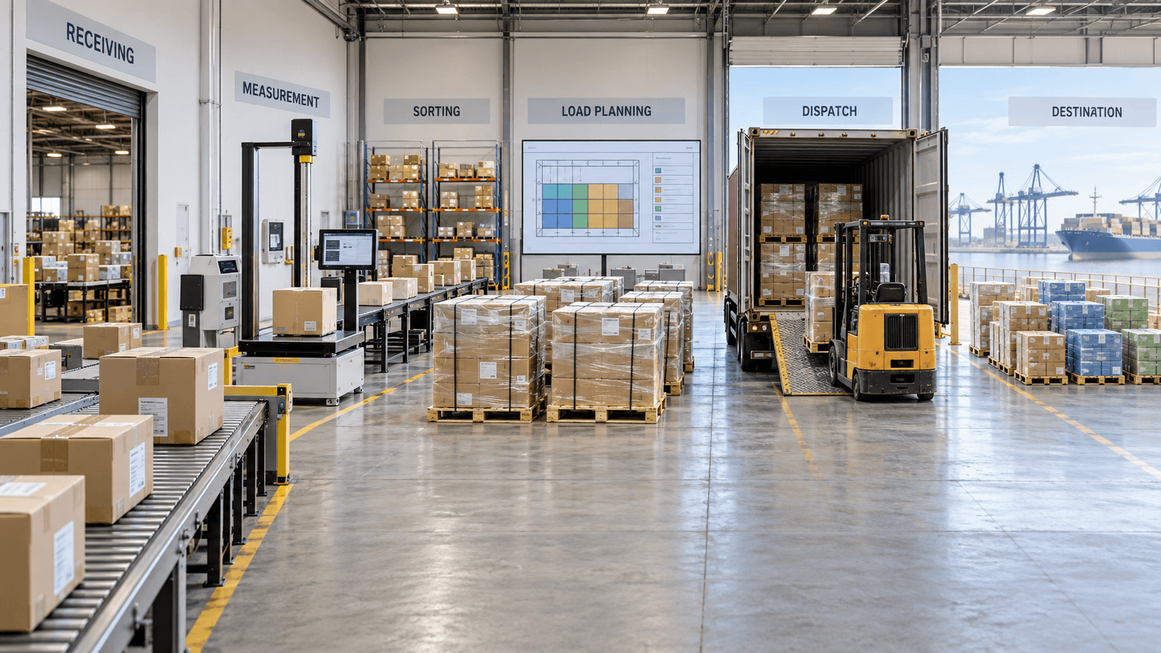Receiving measuring sorting loading transport and deconsolidation steps for groupage cargo