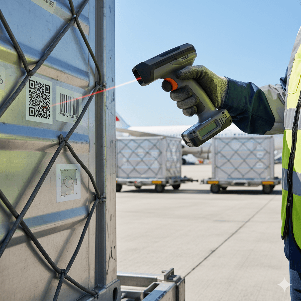 Worker scanning air freight container labels for tracking and security.