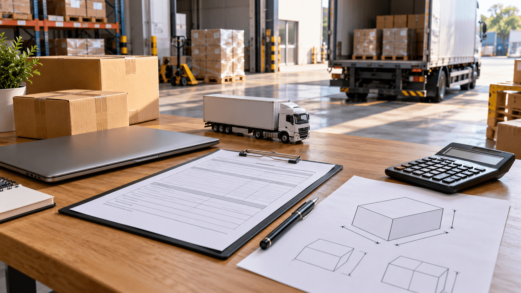 Blank quotation request and cargo specifications on a warehouse logistics planning desk