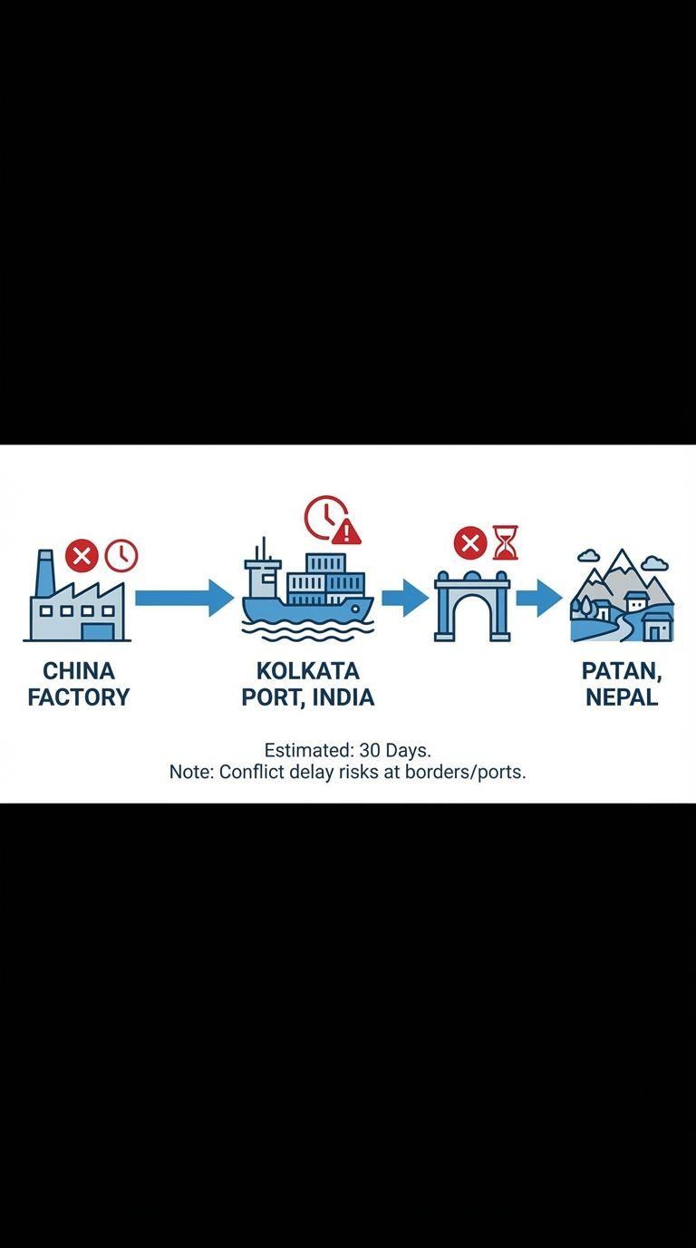 30-day China-India-Nepal cargo route with conflict delay risks.