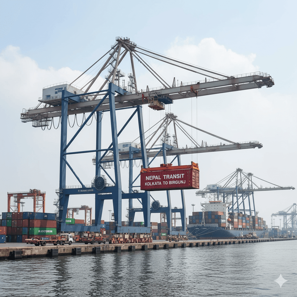 Containers at an Indian seaport being loaded for Nepal’s international trade.