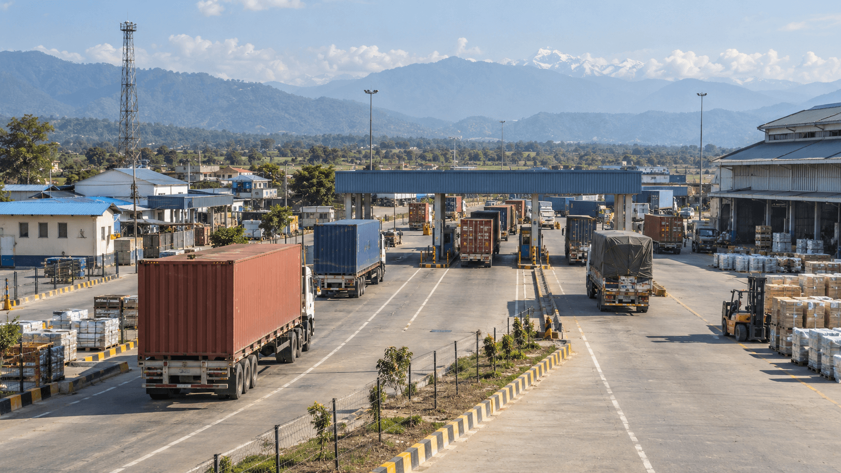 Freight trucks and containers moving through a lowland India–Nepal cargo terminal