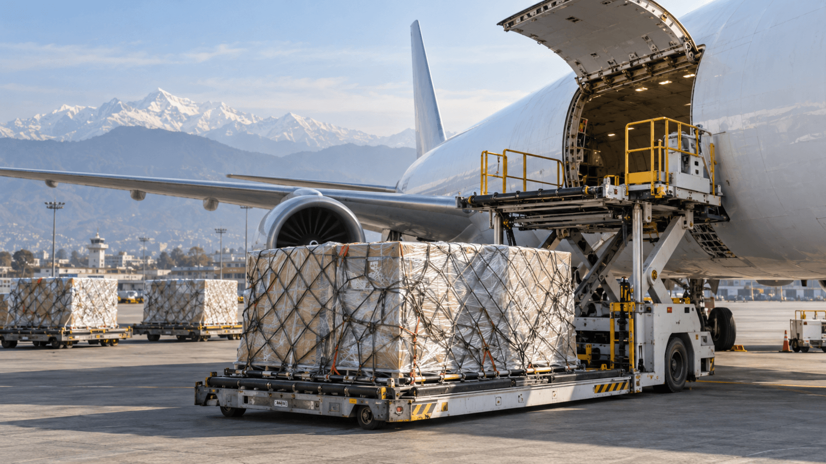 Cargo aircraft with commercial pallets positioned for loading at an airport