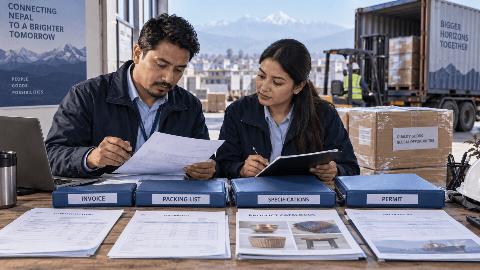 Commercial invoice packing list catalogue permit and transport documents prepared for Nepal customs