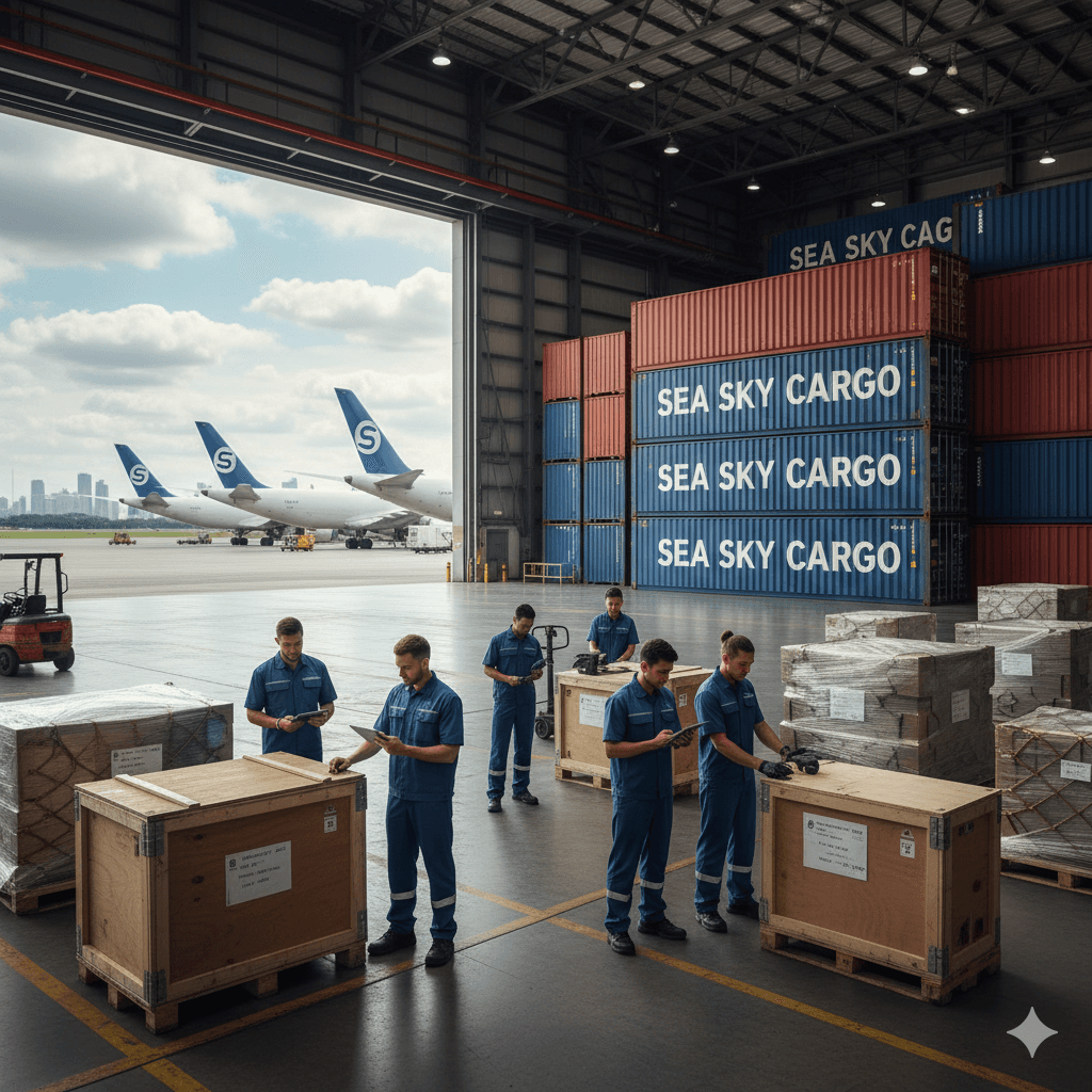Sea Sky Cargo team reviewing shipments in a warehouse with planes and containers behind them.