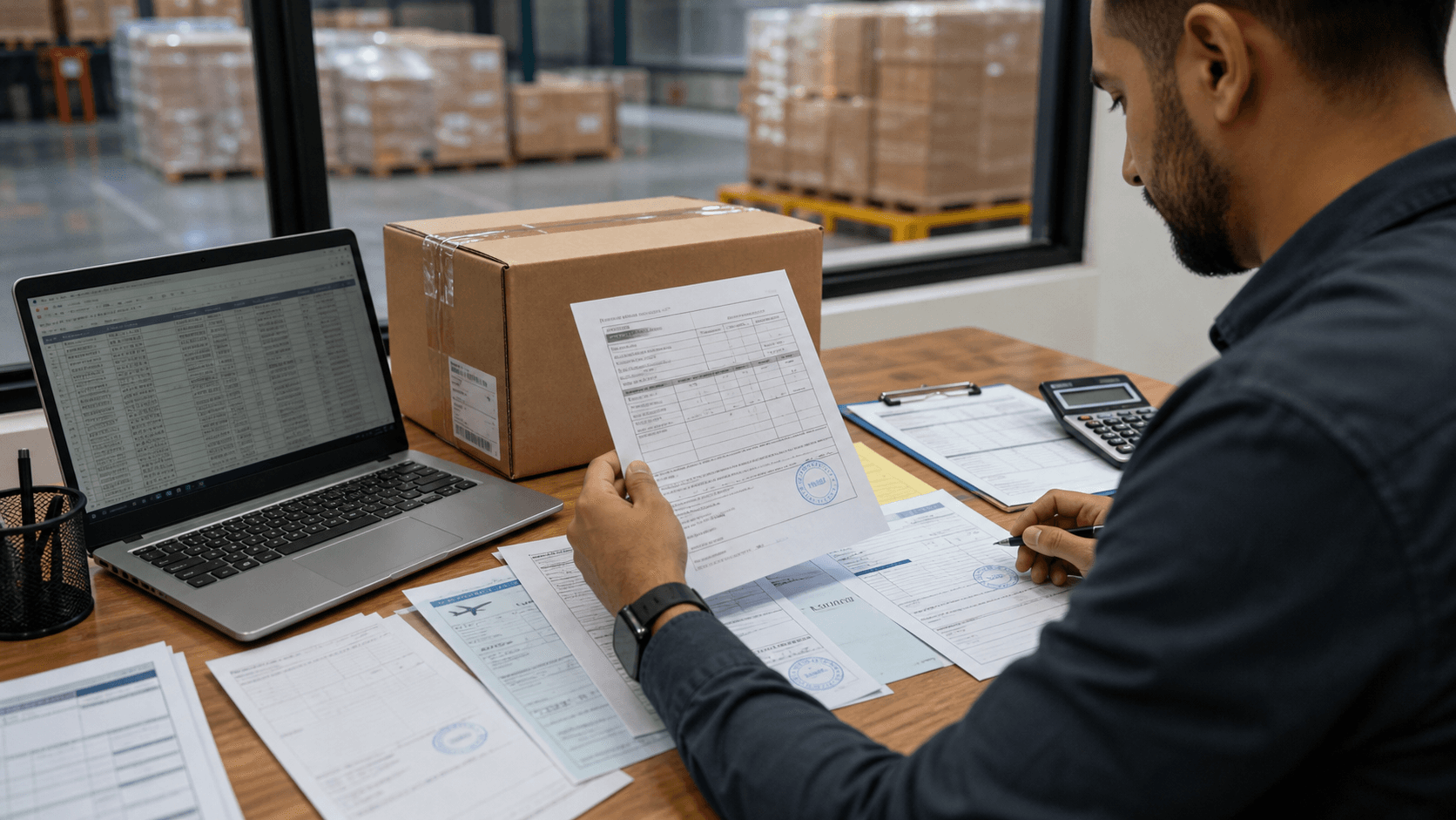 Freight coordinator reviewing invoice packing list origin certificate and transport documents