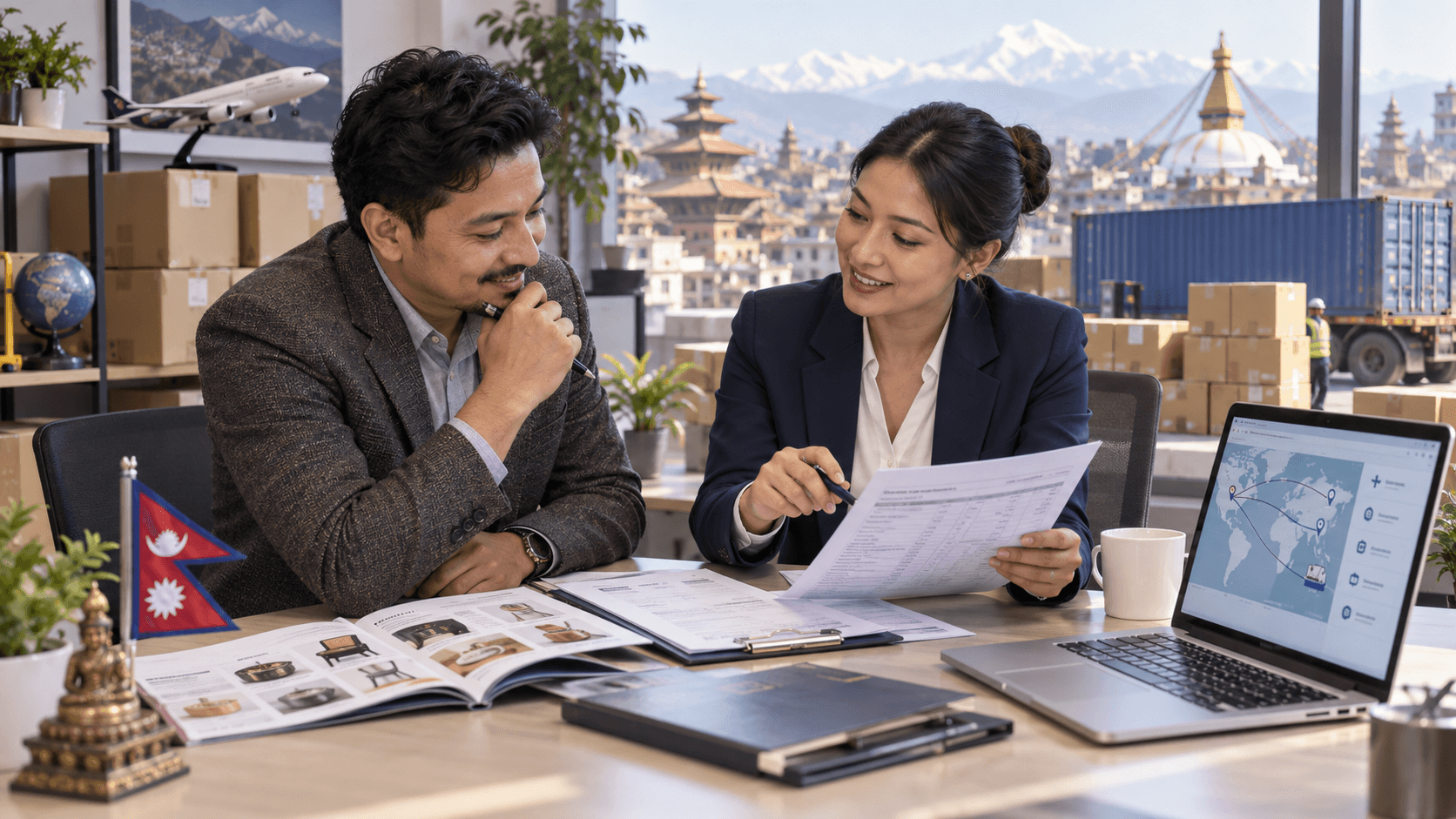 Sea Sky Cargo specialist reviewing import documents and costs with a Nepal business