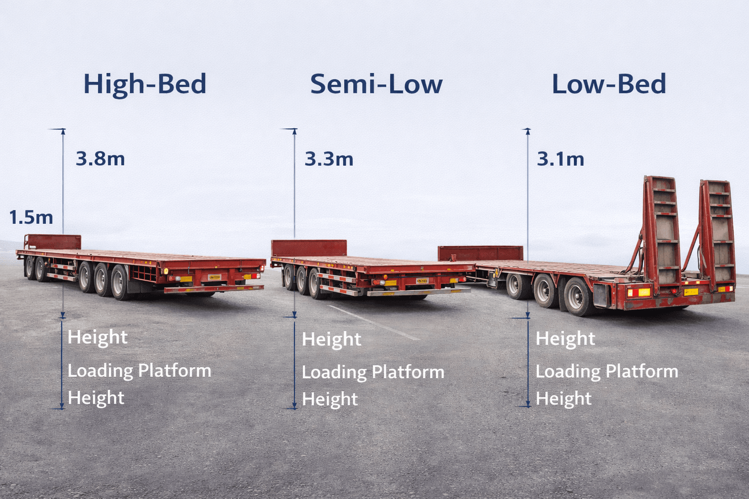 Trailer types comparison: high, semi-low, low-bed specs.