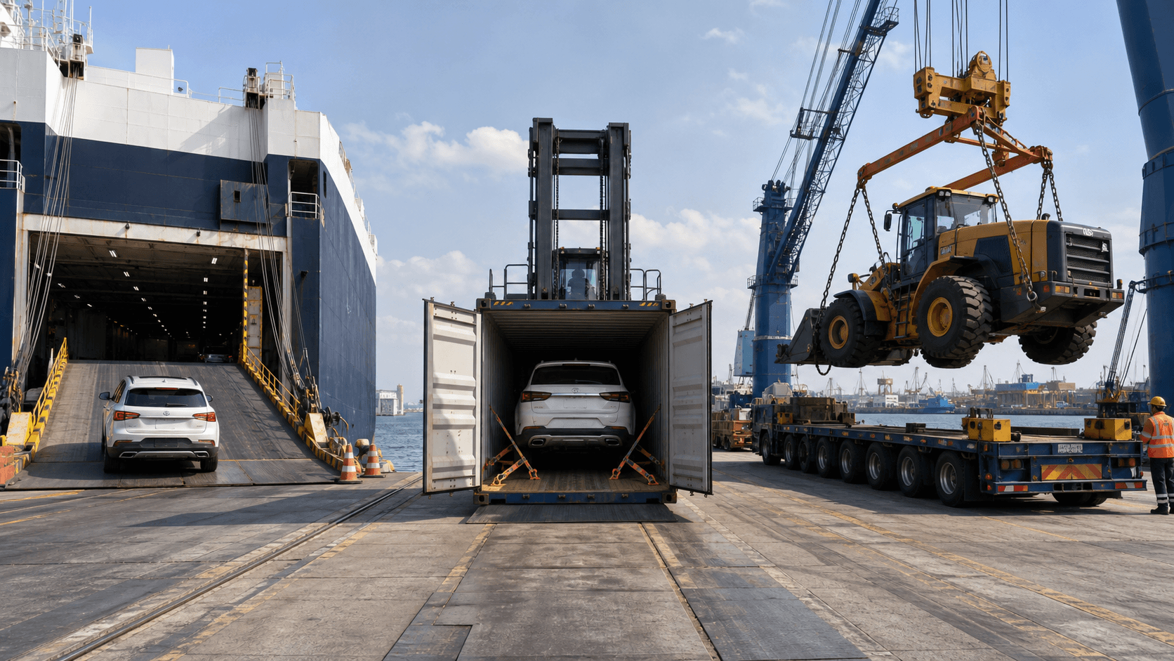Port comparison of RoRo ramp container shipping and breakbulk lifting for vehicles