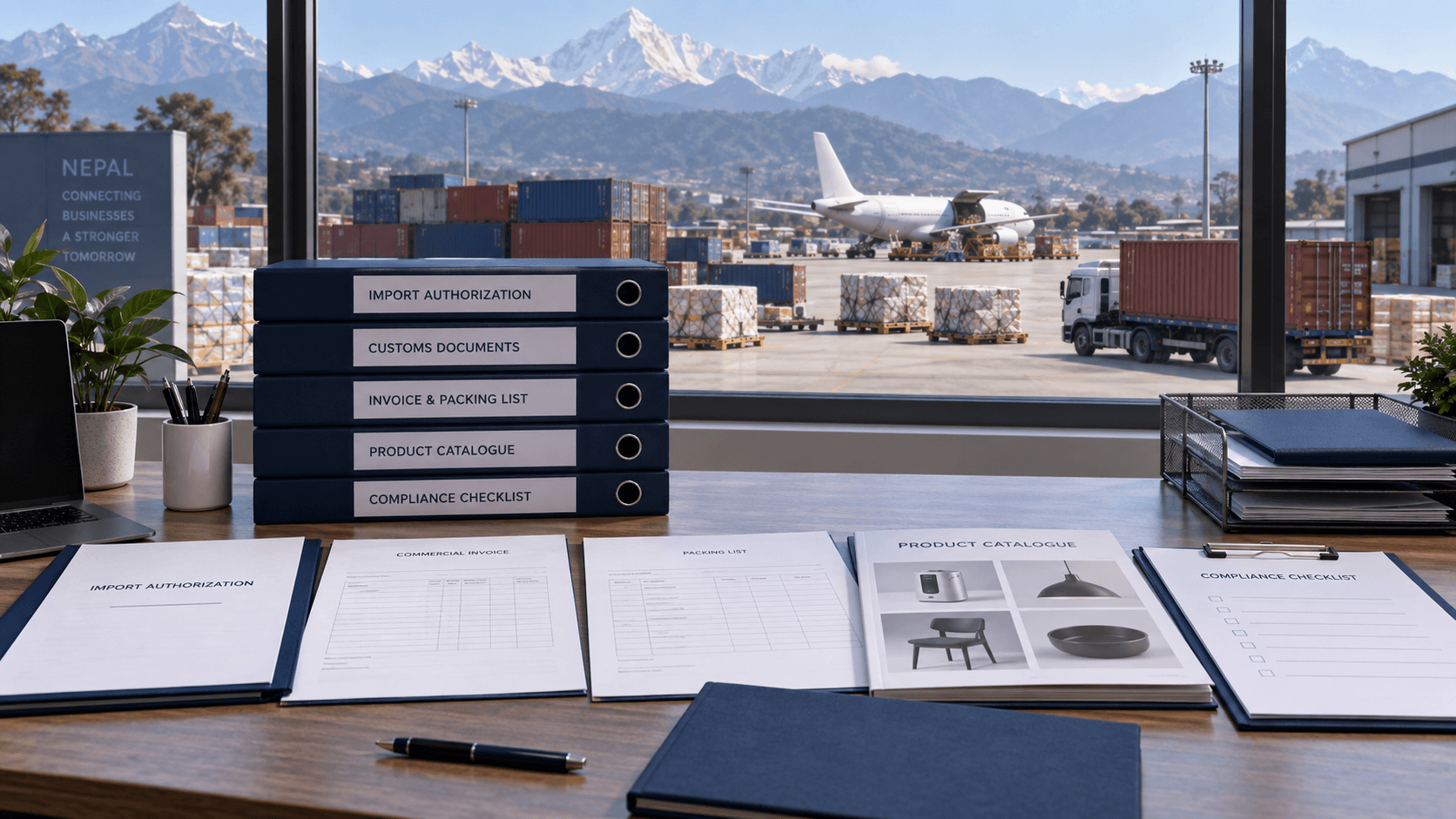 People-free Nepal customs documentation workspace with completed authorization file and international cargo