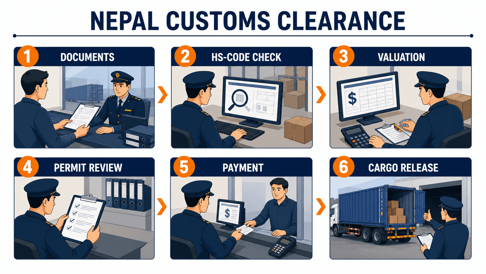Nepal customs officer reviewing China road cargo documents for clearance
