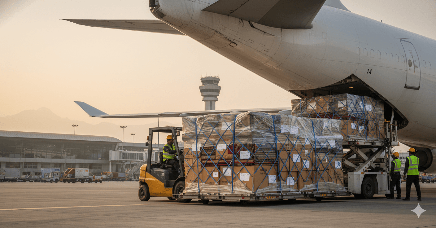 Air freight pallet of Nepal apparel and carpets ready for Europe shipment from TIA.