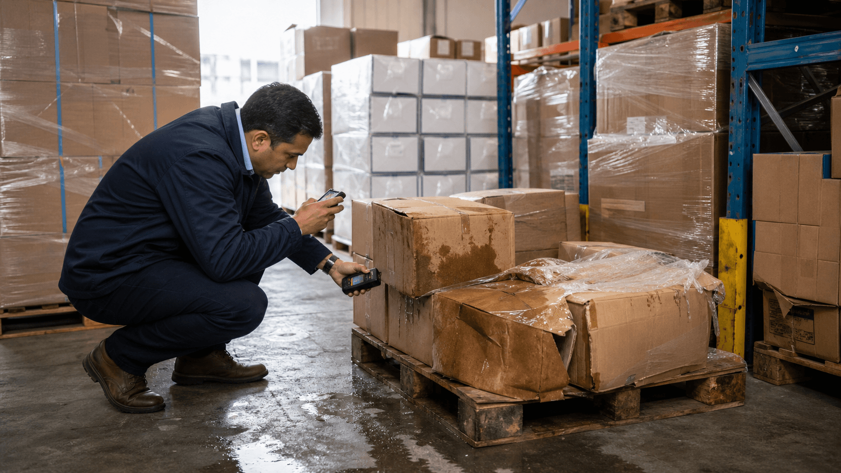 Cargo surveyor documenting water damage and crushed cartons in a freight warehouse