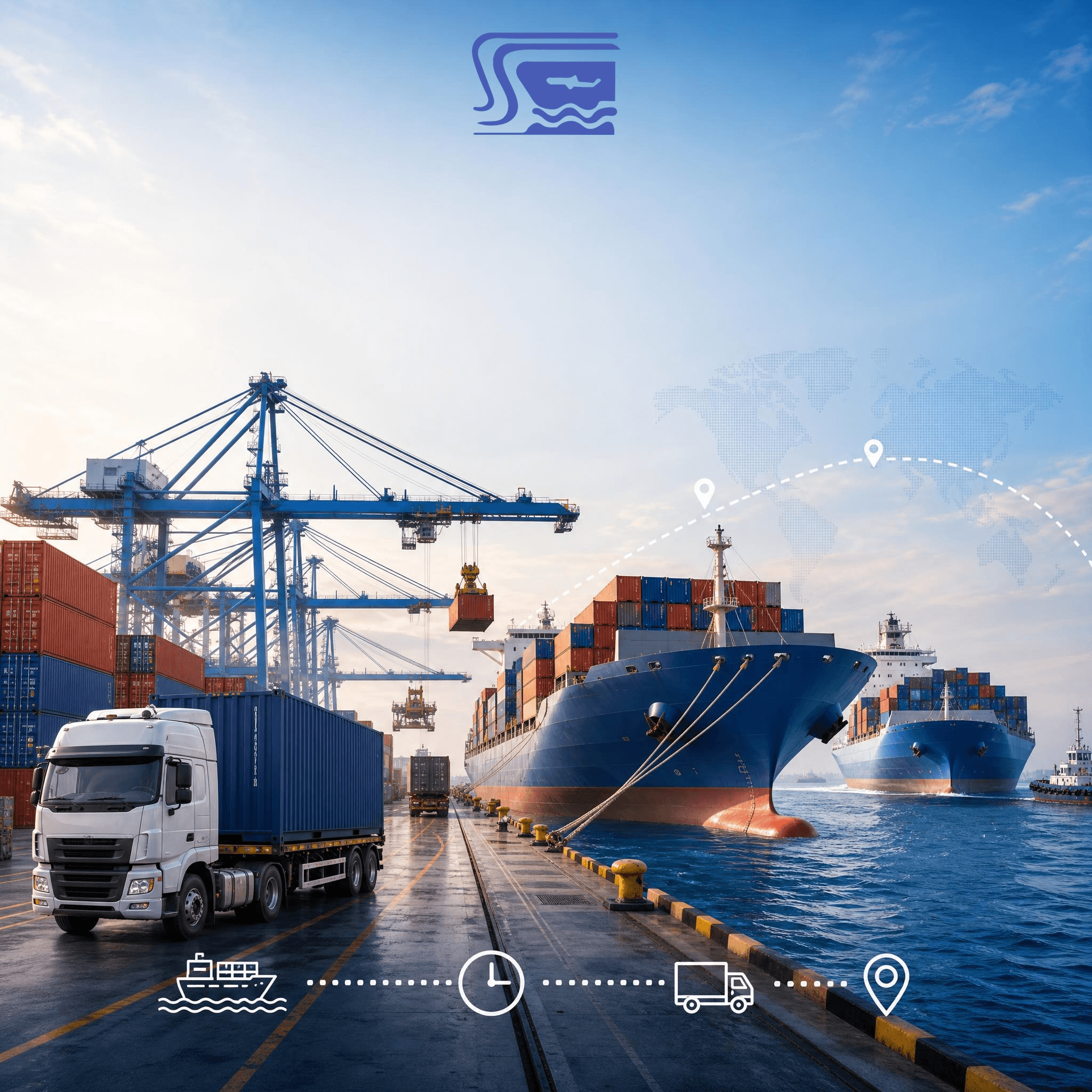 A busy shipping port with vessels and cranes, representing the ocean-freight and transit-time side of vehicle logistics.