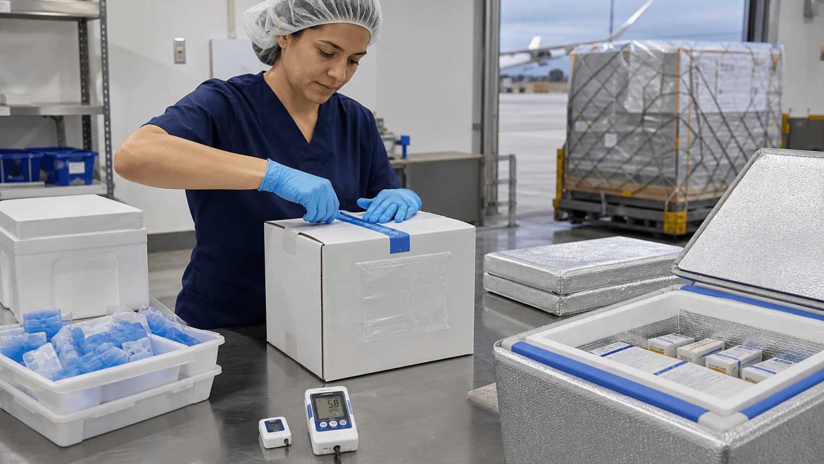 Medical cartons with cold-chain labels temperature indicators and insulated packaging prepared for air cargo