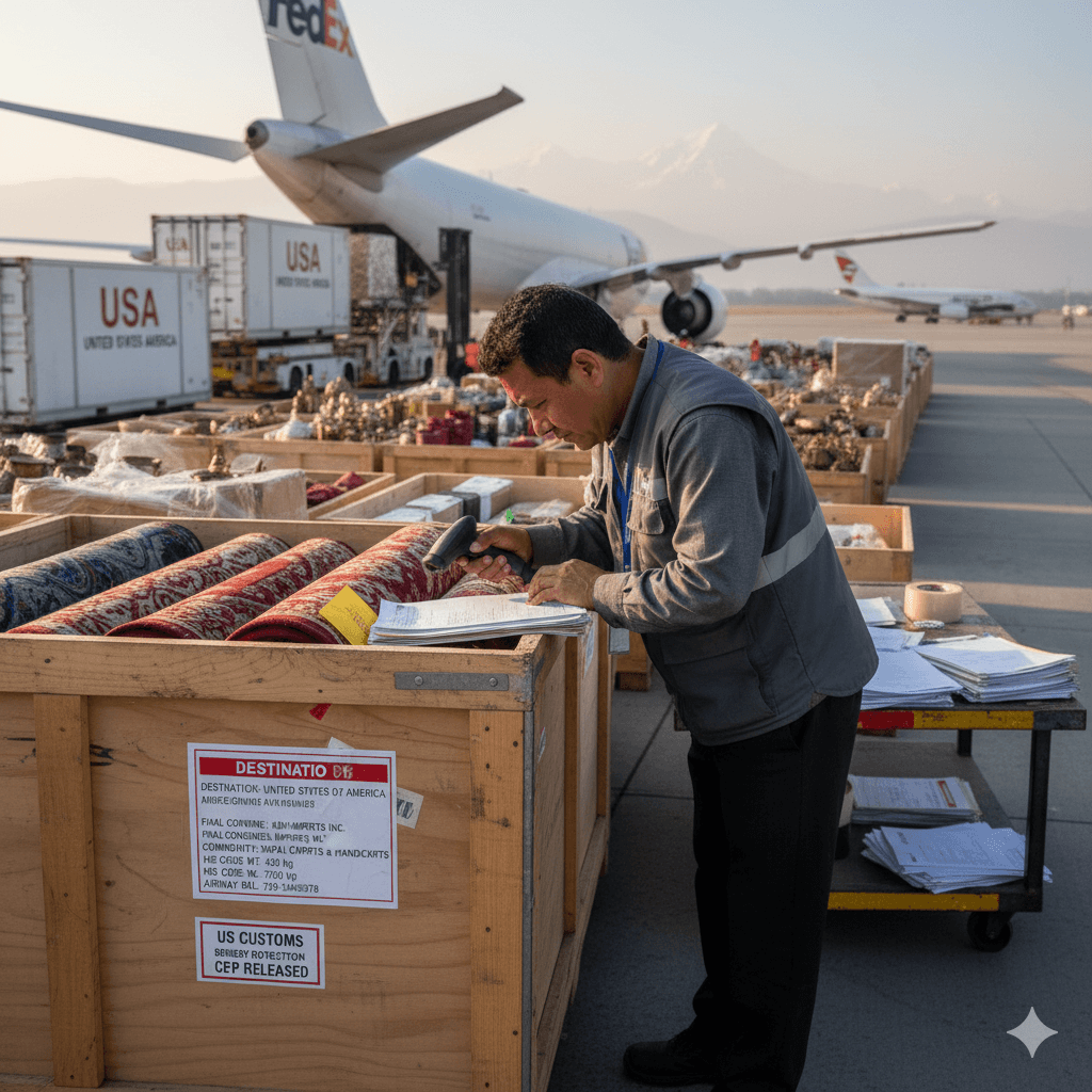 Cargo expert preparing shipment for secure transit and customs review.