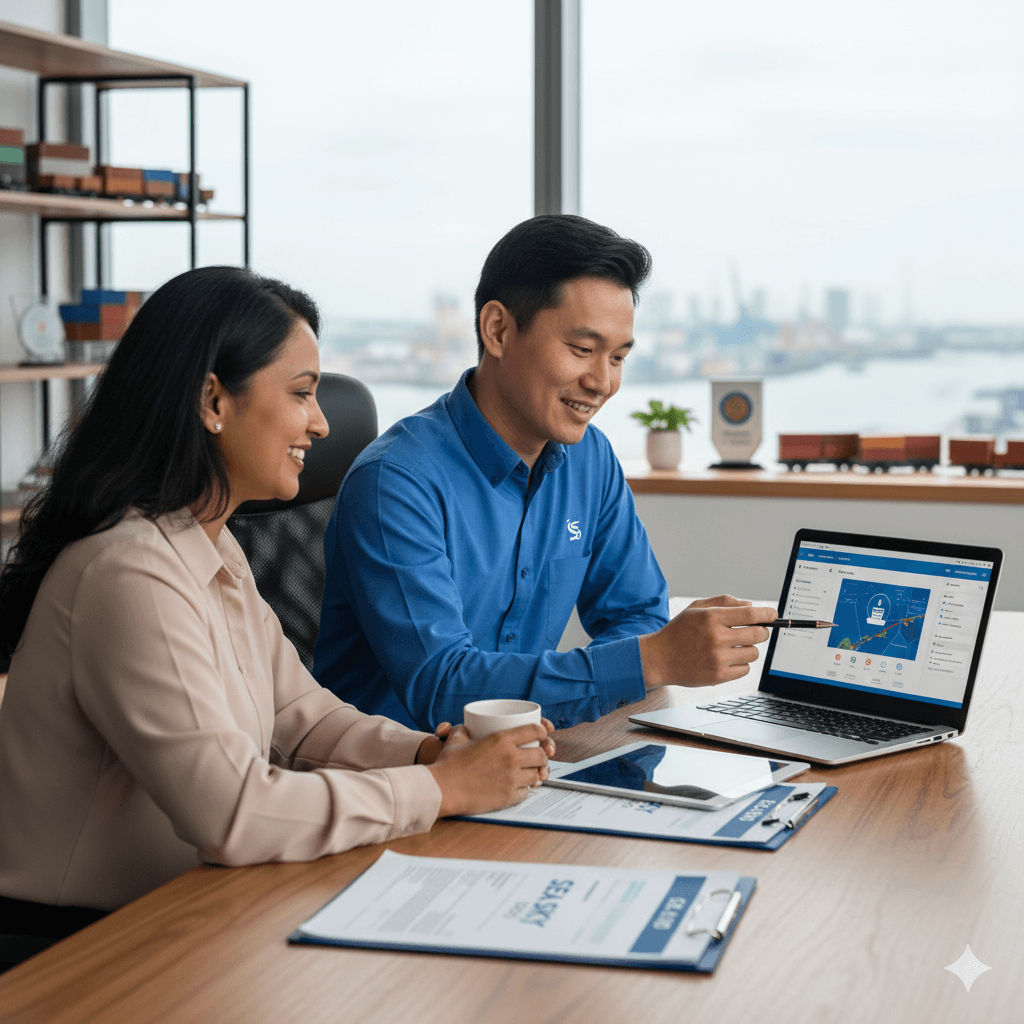 Sea Sky account manager discussing shipment progress with a client in an office.