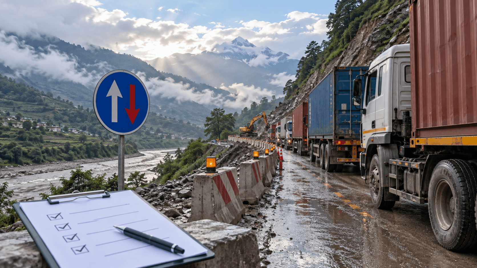 Container trucks waiting safely during a Nepal highway disruption with a prevention checklist