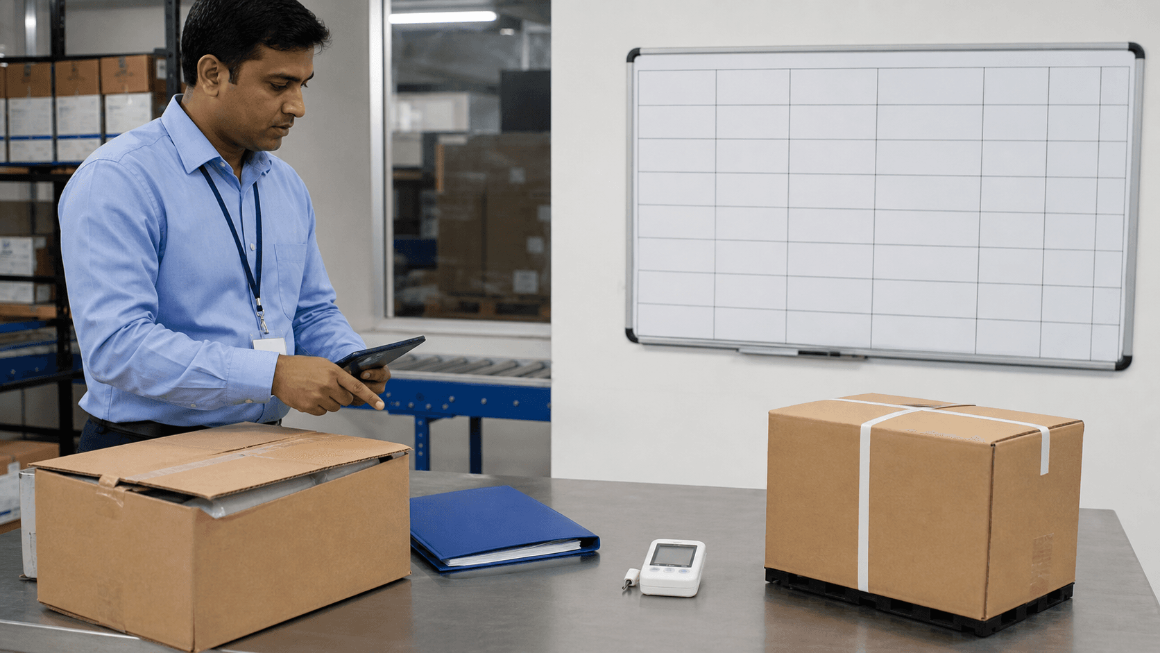 Medical logistics supervisor identifying incomplete documents damaged packaging and an unprepared delivery plan