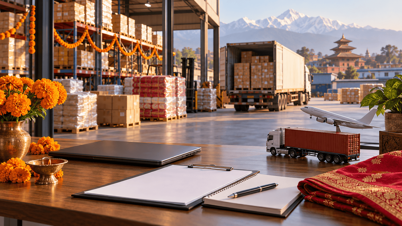Festival shipment planning desk with cargo paperwork and model transport beside a Nepal warehouse