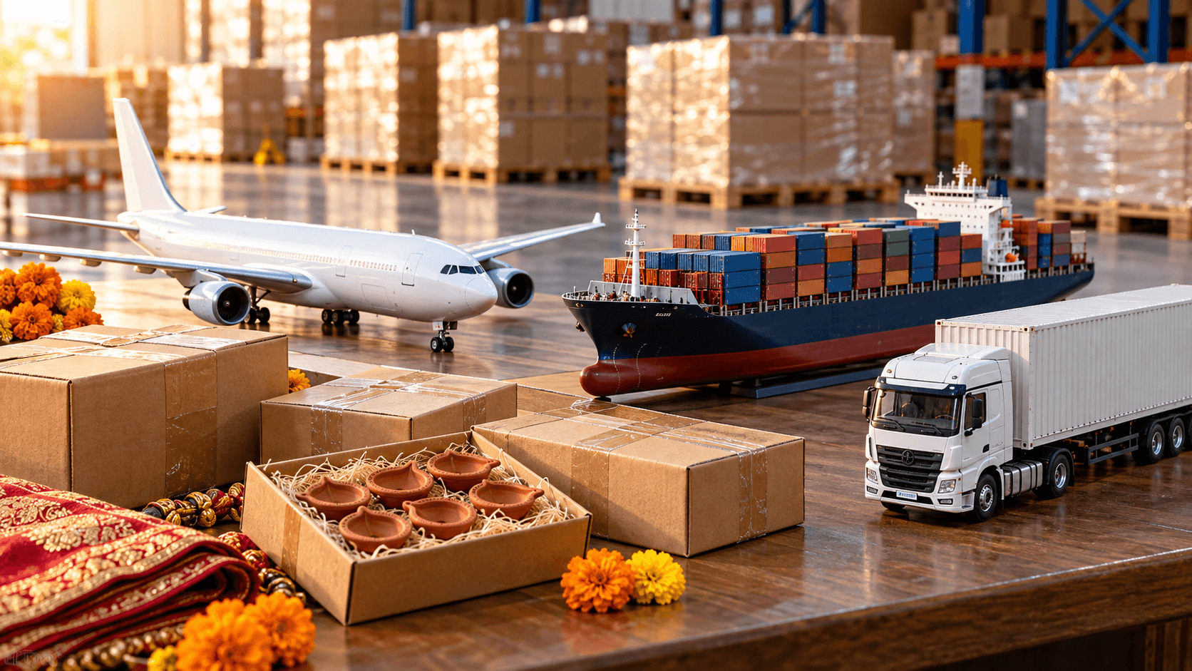 Model aircraft, container ship and cargo truck beside protected festival inventory samples