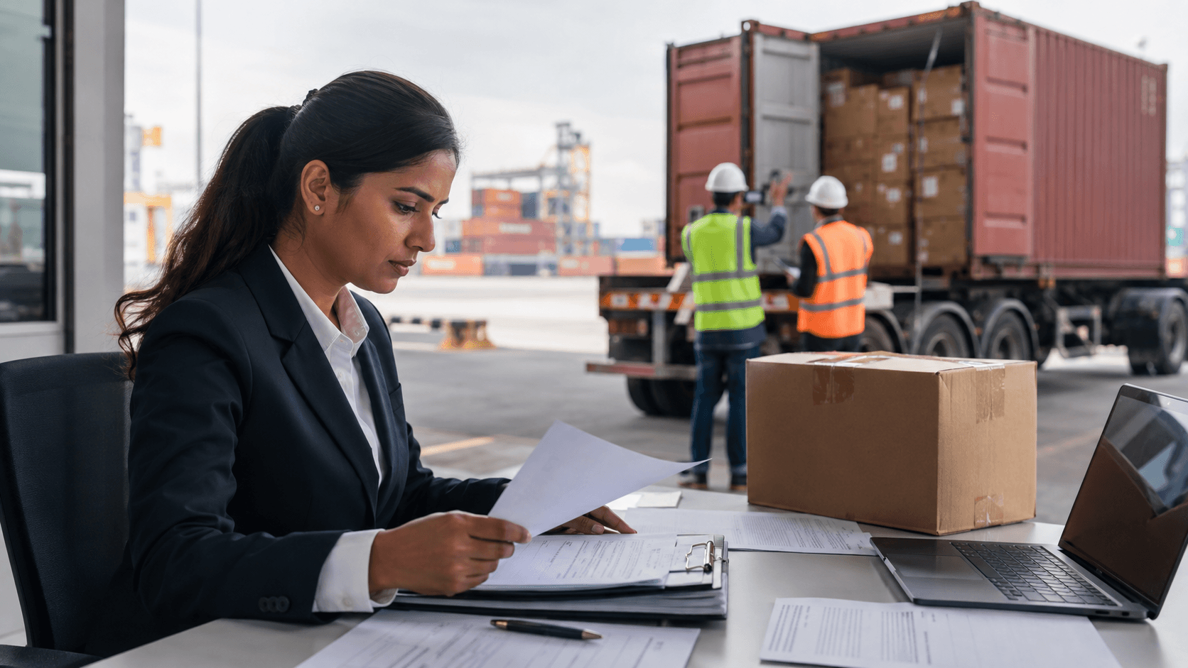 Customs specialist reviewing invoice packing list and bill of lading for Nepal sea freight