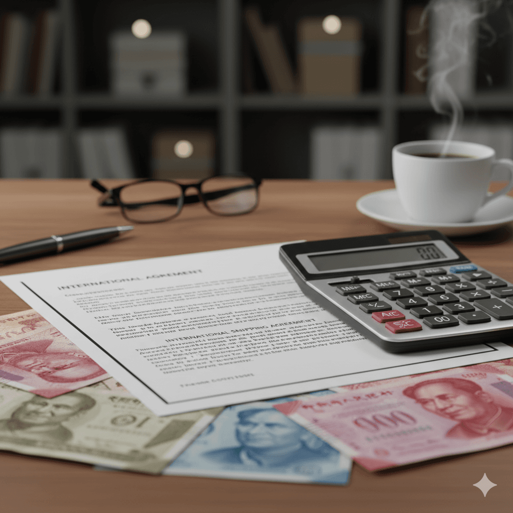 Contract and multiple currencies showing financial and legal complexity in cross‑border shipping.