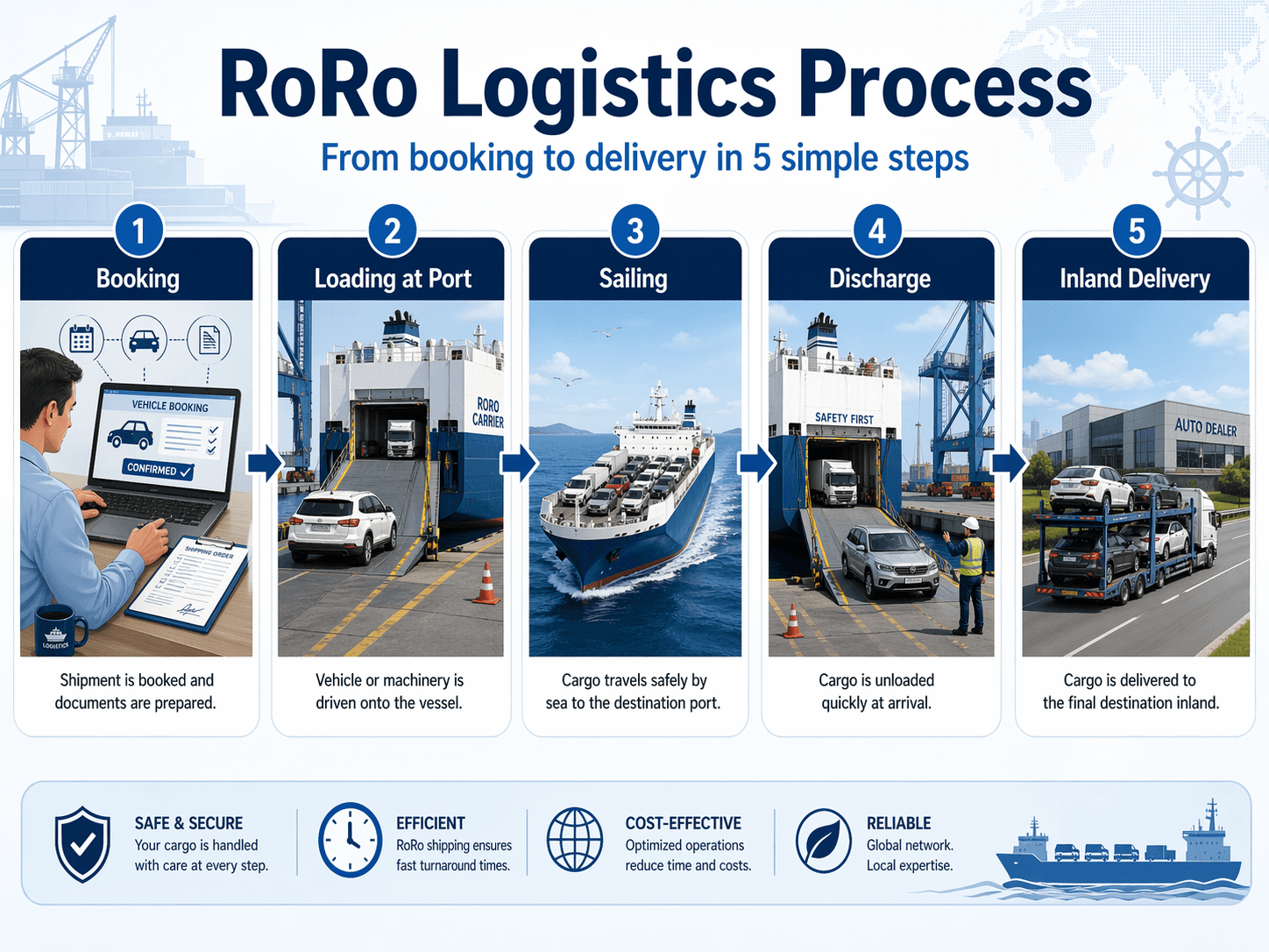 Step-by-step RoRo logistics process.