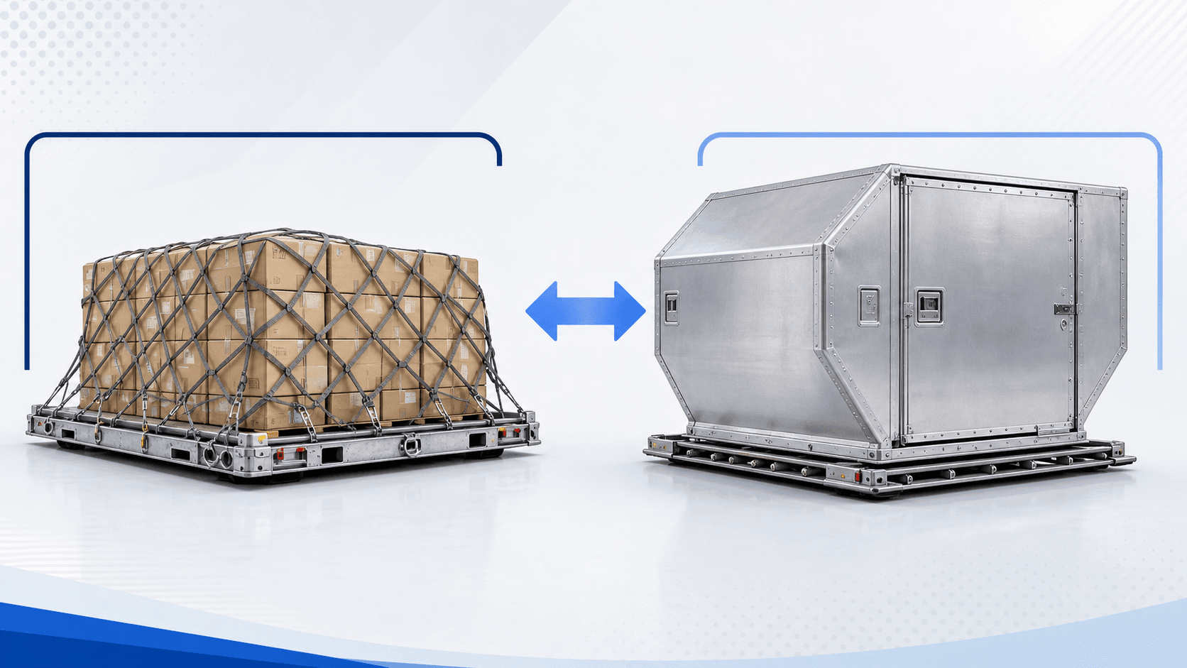 Types of air cargo containers and pallets used in airline freight.