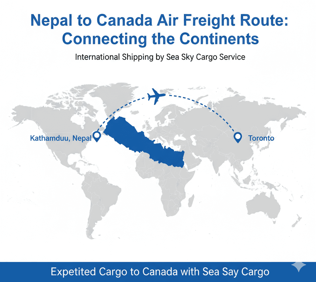 Air route illustration connecting Nepal to Canada for international shipping.