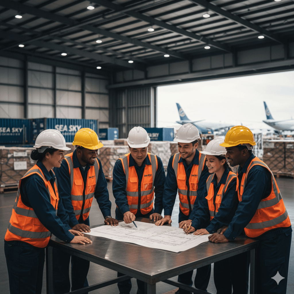 Sea Sky Cargo operations team gathered around a load plan, collaborating before a major shipment.